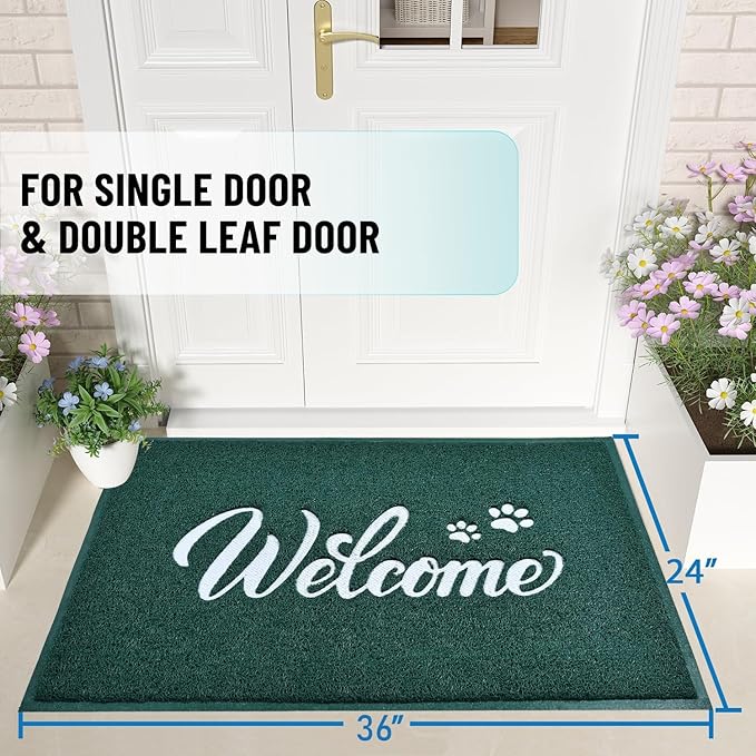 T.HENV Welcome Mat Outdoor, 2' x 3' (Rectangular), Green-White, Waterproof, Quick Drying, Low Profile, Heavy Duty, Non Slip, Fade Resistant
