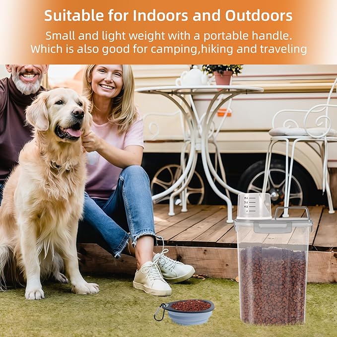 LEAWALK 3-5Lbs/3Qt Dog Cat Food Storage Container With foldable bowl. Plastic Pet Food Dispenser for Small Animal Kibble/Pet Food/Bird Seed/Oatmeal/Rice/Flour/Brown Sugart/Cereals (Clear Grey)