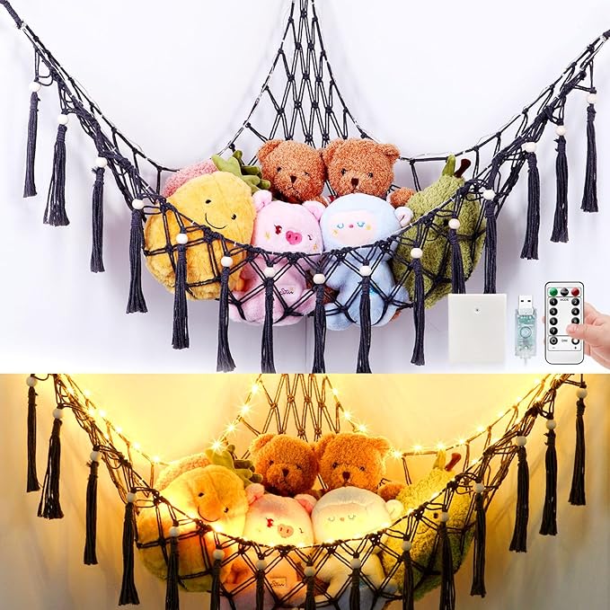 Stuffed Animal Hammock with 75LEDs, Large 55in Storage Macrame Hammock, Hanging Net for Kids Bedroom Doll Room Corner Organizer, USB Plush Animal Net with Remote (Gray, XL)