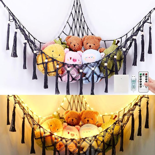 Stuffed Animal Hammock with 75LEDs, Large 55in Storage Macrame Hammock, Hanging Net for Kids Bedroom Doll Room Corner Organizer, USB Plush Animal Net with Remote (Gray, XL)