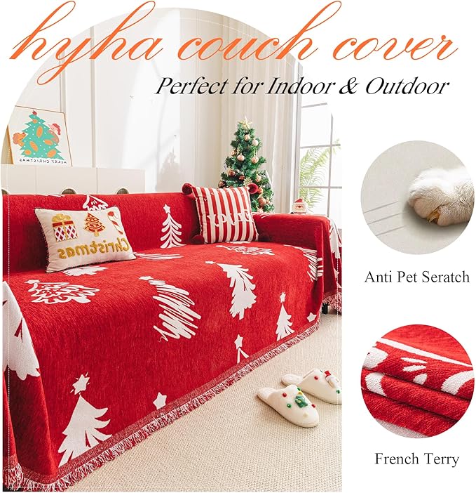 hyha Couch Cover for Dogs, Boho Sofa Covers for 3 Cushion Couch Washable, Chenille Sofa Slipcover for Pets, Loveseat Sectional Couch Throw Blanket with Tassels(Red Christmas Tree, 88.5x150 Inch)