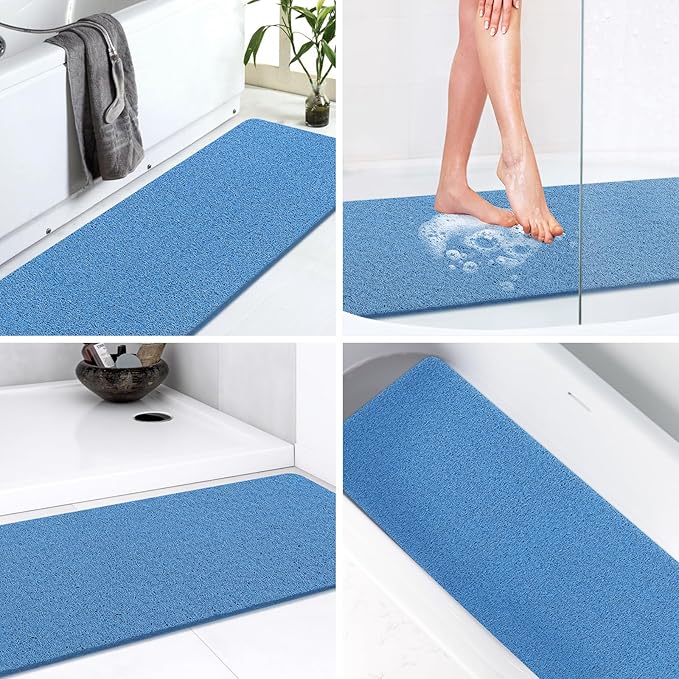LuxStep Shower Mat Bathtub Mat,40x16 inch, Non-Slip Bath Mat with Drain, Quick Drying PVC Loofah Bathmat for Tub,Shower,Bathroom,Lake Blue