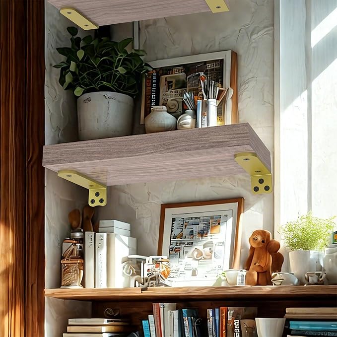 Heavy Duty Shelf Bracket, (1/4 in Thick) 12 Inch Shelf Bracket,Hidden Shelf Brackets,Floating Shelf Brackets 4 Pack,Suitable for Kitchen, Study and DIY Occasions，Holds Over 180lb+(12IN Gold)