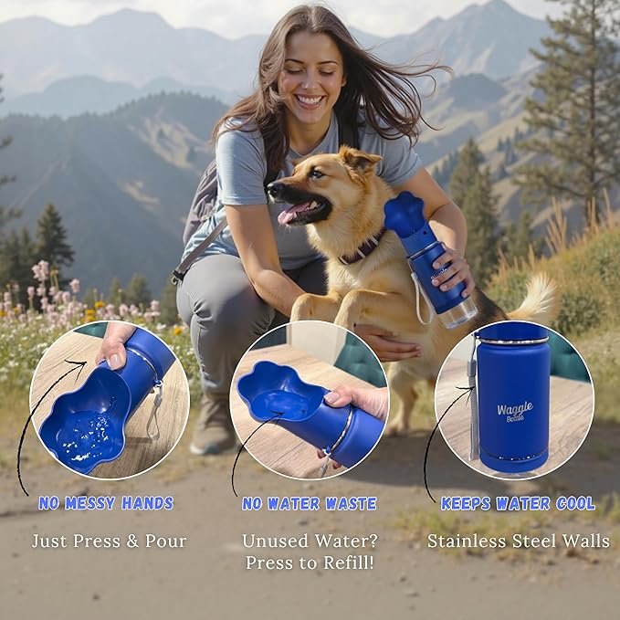 Waggle Bottle Stainless Steel Dog Travel Water Bottle, Vacuum Insulated Portable Dog Water Dispenser, Drink Cup and Snack Container On The Go, Outdoor Walking, Hiking, Travel (Cobalt)