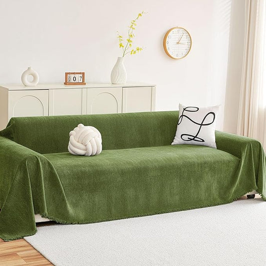 hyha Couch Cover for Dogs, Boho Sofa Covers for 3 Cushion Couch Washable, Chenille Sofa Slipcover for Pets, Soft Loveseat Sectional Couch Throw Blankets with Tassels (Green, 71x134 Inch)