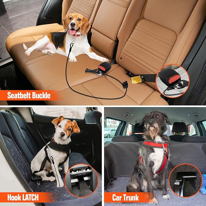 Seat Belt for Car, Chew Proof Leash 2 in 1 Steel Cable With Elastic Bungee Buffer Dog Seatbelt Harness Latch Bar Attachment Heavy Duty for Medium Large Dogs Chewer