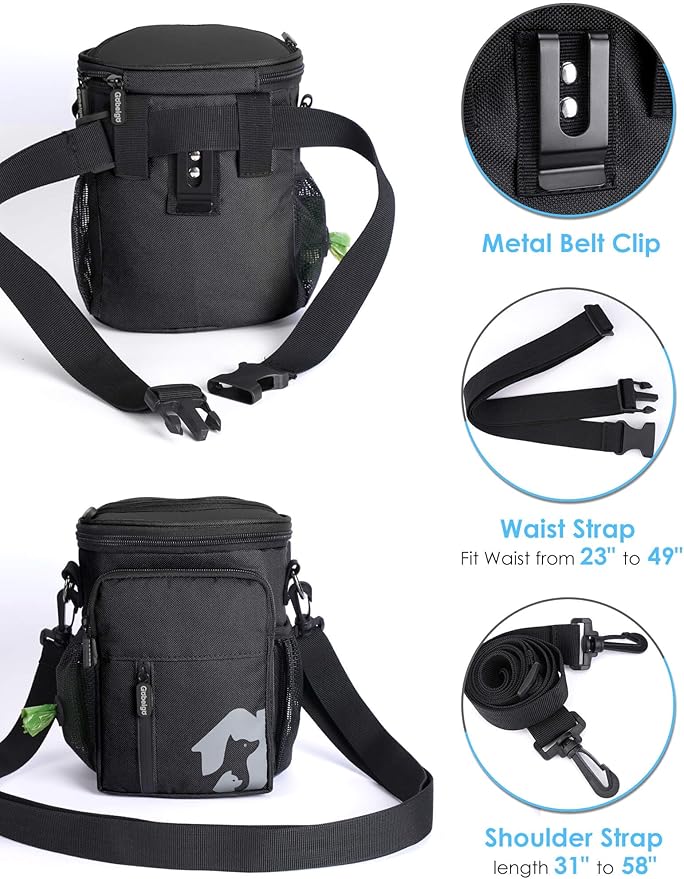 Gobeigo 8 Cup Dog Treat Pouch and Training Clicker, Dog Walking Bag with Phone Holder, Built-in Poop Bag Dispenser, 3 Ways Wearable Pet Fanny Pack for Outdoor Travel (Full Black)