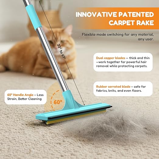 BoxZone 3 In 1 Carpet Rake for Pet Hair Removal Tool with Long & Short Handle and Rubber Detail Brush, Carpet Brush for Pet Hair, Deep Cleaning Pet Hair Removal Broom for Carpets Couches Rug Furniture