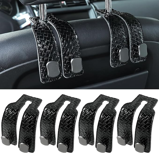 KINIVA 4 Pack Car Seat Hooks for Headrest, PU Leather Purse Hook Holder - Double Hook Design for Bags, Phones, Groceries, Car Back Seat Storage Accessories (07-Black 4 Pcs)