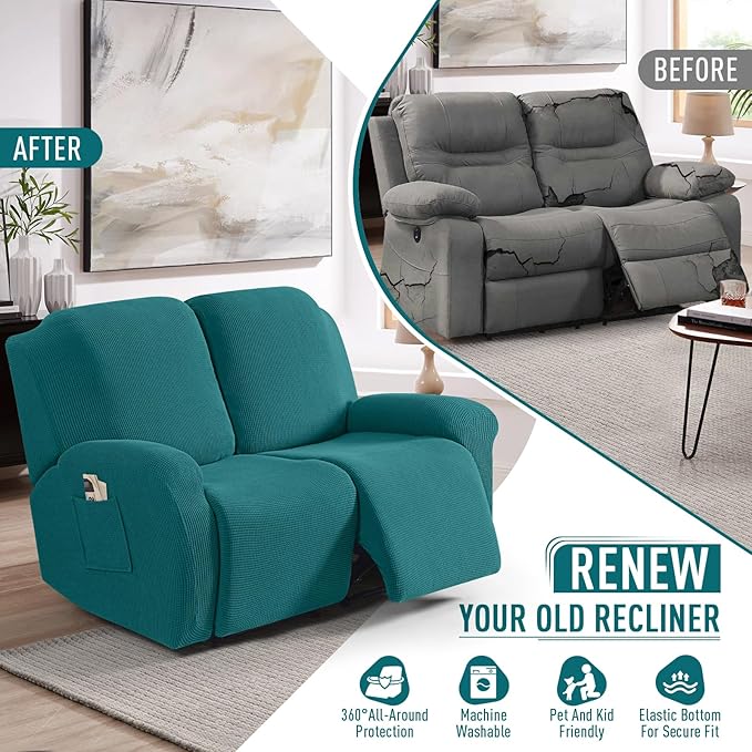 TAOCOCO Recliner Loveseat Slipcover, 6 Pieces Dual Recliner Sofa Covers for 2 Seat Dual Reclining Loveseat Couch, Stretch Soft Jacquard Pattern Furniture Protector with Elasticity (Peacock Blue)