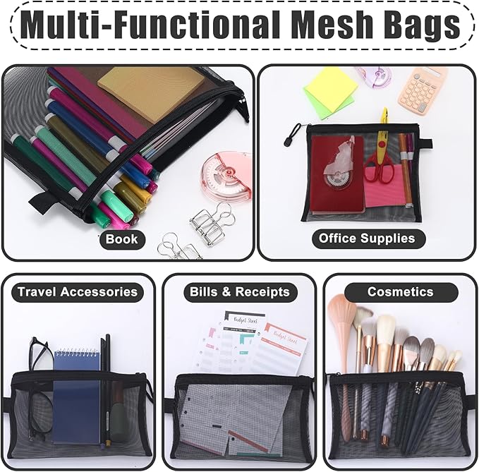 Leelosp 80 Pcs Mesh Zipper Pouch Bulk Back to School Pencil Storage Pouch Mesh Cosmetics Bags Toiletry Makeup Bags for Office Travel Organization(Black,7.7 x 4.7 Inch, 9.5 x 7.1 Inch)