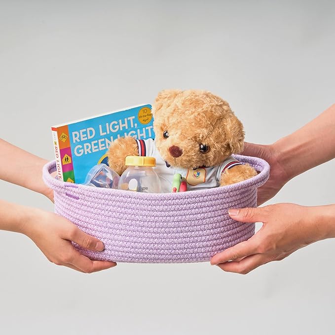 Small Woven Gift Basket Empty with Bag & Ribbon - Gifts for Mom, Baby Shower, Birthdays & Raffle - Cotton Rope Storage Basket for Dog Toys or Shelf - 12"x8"x5", Purple, 2 Packs