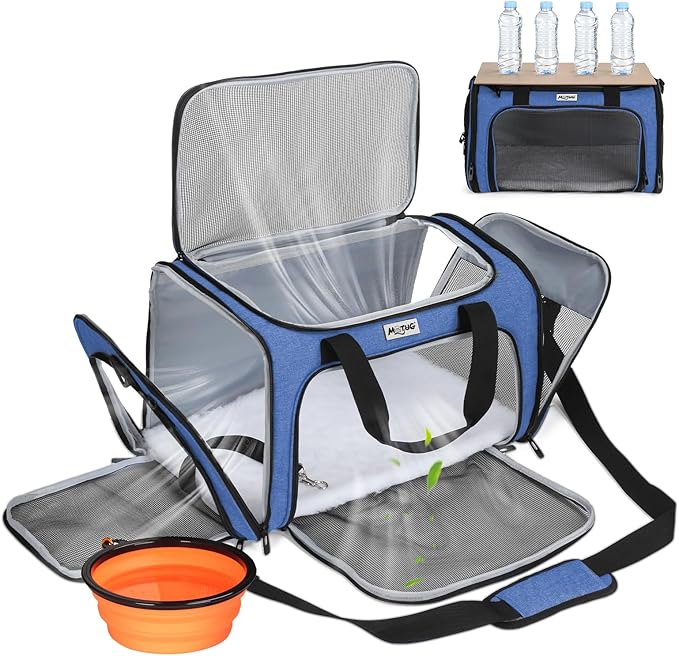 Pet Carrier for Cats & Small Dogs, Travel Carrier with Anti-Collapse Support, Chew Resistant Buckles, Luggage Sleeve, Multi-Pocket Storage, Reversible Mat & Bowl (Blue, Medium (17.5"x11"x11.5"))