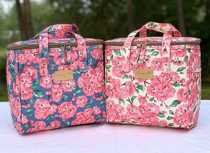Kwang Min Floral Insulated Lunch Bag for Women,Reusable Lunch Box,Large Cooler for Office,Picnic Outdoors,Premium Waterproof Fabric,Ideal Floral Lunch Bag (Beige Begonia)