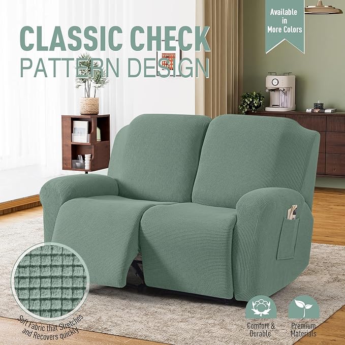TAOCOCO Recliner Loveseat Slipcover, 6 Pieces Dual Recliner Sofa Covers for 2 Seat Dual Reclining Loveseat Couch, Stretch Soft Jacquard Pattern Furniture Protector with Elasticity (Sage Green)