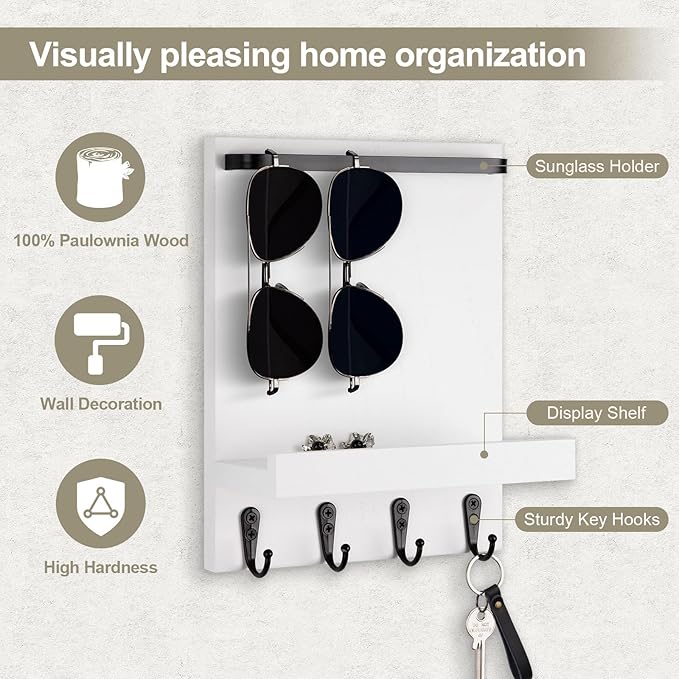 Lucundm Key Holder Wall Mount, Key Holder for Wall with 4 Hooks, Farmhouse Key Hanger Holds Dog Leash, Sunglasses – Decorative Mail Organizer Home Decor (White)