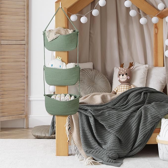Over The Door Organizer Hanging Basket for Nursery Decor Stuffed Animal Storage Baskets Boho Wall Decor Basket for Bathroom Bedroom Playroom - Green