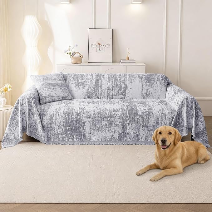 hyha Couch Cover for Dogs, Boho Sofa Covers for 3 Cushion Couch Washable, Chenille Sofa Slipcover for Pets, Soft Loveseat Sectional Couch Throw Blankets with Tassels (Grey/White, 71x150 Inch)