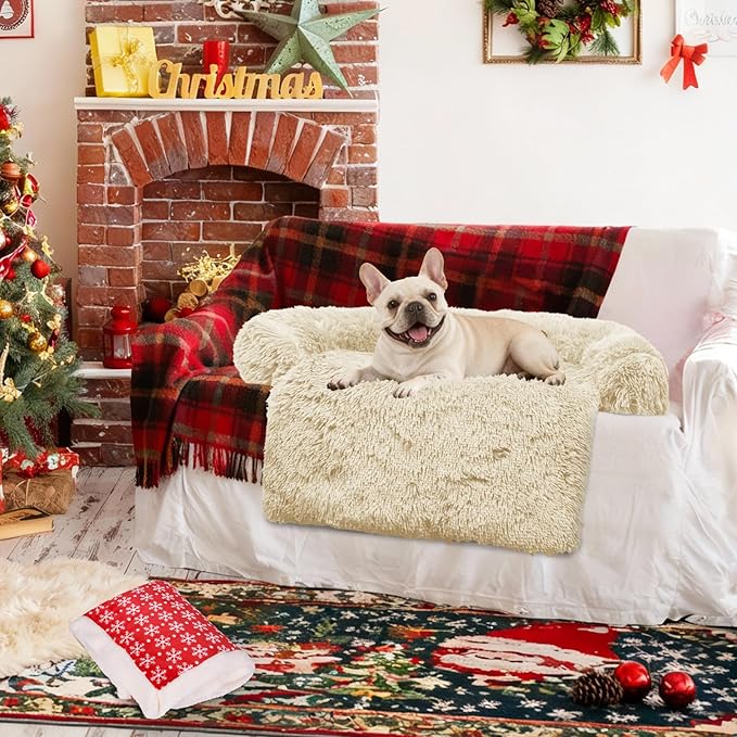 GGIB Calming Dog Bed Christmas Throw Blanket Fluffy Plush Dog Mat for Furniture Protector Decoration Holiday Throw for Sofa Couch Cover for Large Medium Small Dogs Cats (Medium, Beige)