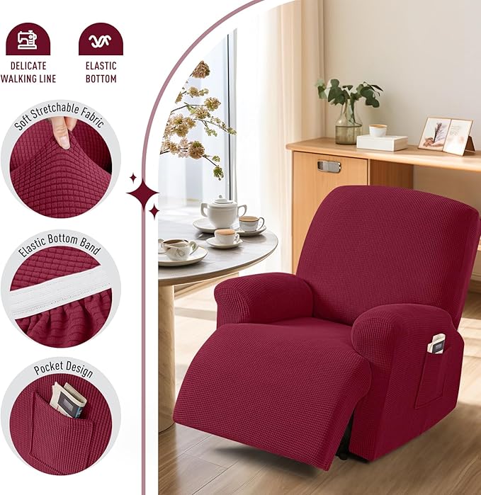 TAOCOCO Oversized Recliner Chair Covers, 1 Seater Streach Recliner Covers Soft Couch Protector Furniture Protector Covers with Elastic Chair Cover Jacquard Pattern (Burgundy)