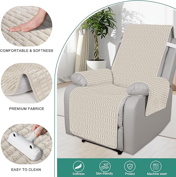 Foxdecor Recliner Chair Covers, Recliner Cover Non-Slip Chair Covers, Washable Recliner Couch Cover Furniture Protector, Cover for Recliner Chair with Elastic Straps. (Cream, 23" W)