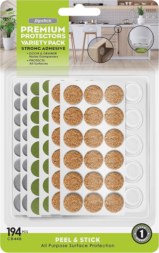 Slipstick Premium Adhesive Protector Pads Variety Pack (194 Piece) Cabinet Door Drawer Bumpers and Small Universal Surface Protector Pads, Clear Rubber, Foam, Cork, and Green Felt Protectors