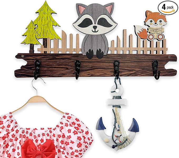 Midrean Dog Leash Holder for Wall Mount, Farmhouse Wooden Dog Claw Hooks, Paws Key Rack Accessories for Rustic Home Decor (Raccoon)