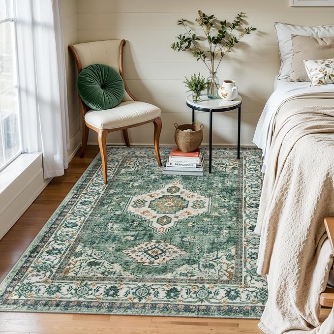 Lahome Oriental Machine Washable Rug, 3x5 Soft Green Rugs for Entryway Dorm, Non Slip Distressed Vintage Throw Carpet for Bedroom Living Room Entrance Eleanor, Green/Multi