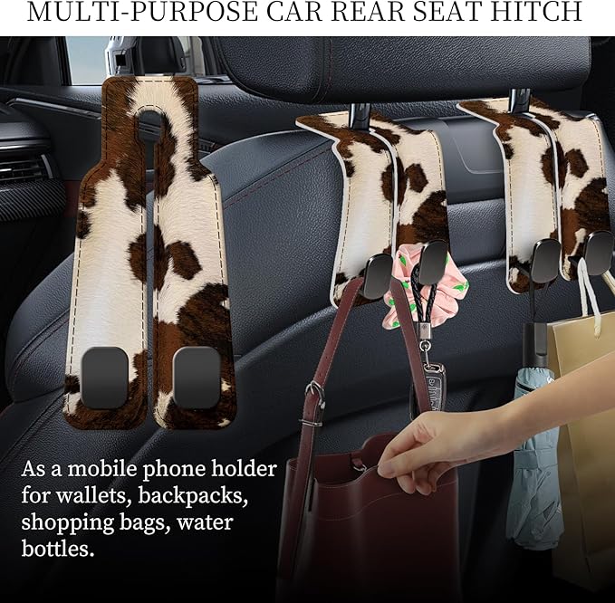 PU Leather Car Seat Hook, Storage Headrest Hanger, Cute Car Backseat Organizer, Car Hooks For Purses and Bags Cowhide Brown White
