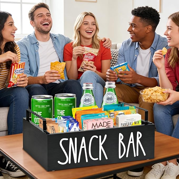 Snack Organizer for Countertop, Wood Pantry Storage Bins with Handles, Snack Bar Organizer for Pantry Shelf, Kitchen, 4 Compartment Food Container Snack Box, Pantry Organizer for Snacks, Chips(Black)