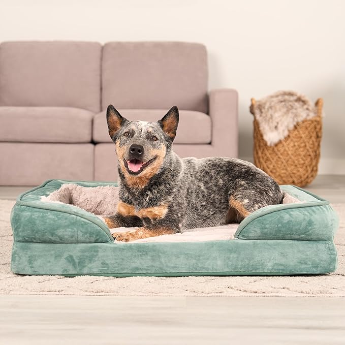 Furhaven Cooling Gel Dog Bed for Medium/Small Dogs w/ Removable Bolsters & Washable Cover, For Dogs Up to 35 lbs - Plush & Velvet Waves Perfect Comfort Sofa - Celadon Green, Medium
