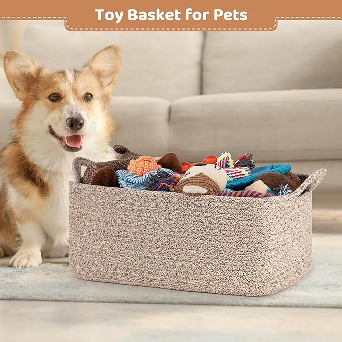 Large Empty Gift Baskets for Baby Shower, 16.5"L x 12.6"W x 7"H Cute Woven Storage Basket with Gift Bags and Ribbons, Small Rope Toy Basket with Handles, Cat Dog Pet Toy Organizer - Brown