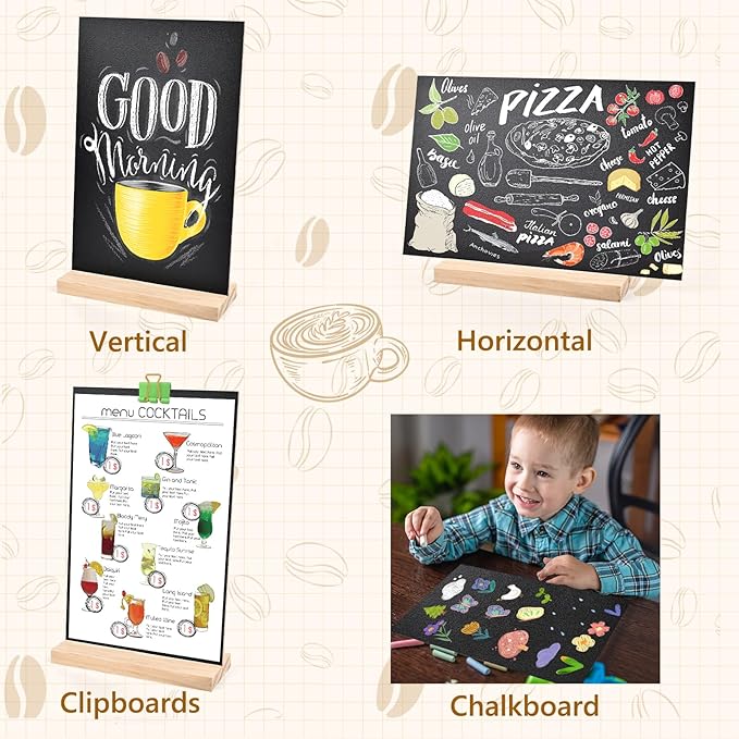 1 Pack 8.1x12 in Chalkboard Signs with Stand for Tables Small Chalk Board Signs Tabletop Message Board Sign with Wood Base for Home Decorations Coffee Shop Restaurant Kitchen Wedding Party
