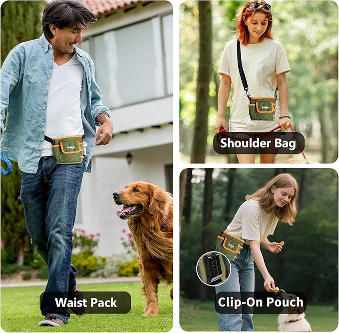 Dog Treat Pouch with Quick-Release Magnetic Closure, 3-Way Wear Treat Bags, 900D Waterproof Fabric, 4 Storage Spaces, Treat Pouch for Pet Training Walking (Green)