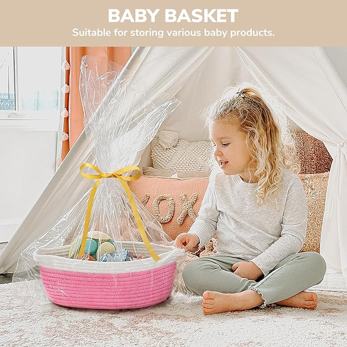 CHICVITA Pink Baskets for Gifts Empty, Easter Basket, Baby Gift Basket for Diapers, Cotton Rope Basket for Decor, 12"x 8"x 5"