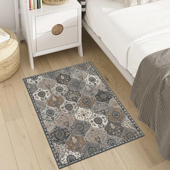 Lahome Moroccan Trellis Area Rug, 2x3 Entryway Rug Non-Slip Washable Indoor Door Mat, Small Oriental Accent Throw Carpet for Bedroom Kitchen Entry Bathroom Elise, Grey