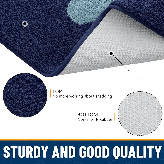 Smiry Dog Door Mat for Muddy Paws, Absorbs Moisture and Dirt, Low-Profile Entryway Mat with Non-Slip Backing, Entry Indoor Outdoor Doormat for Inside Floor (36x24 Inches, Dark Blue, Paw)