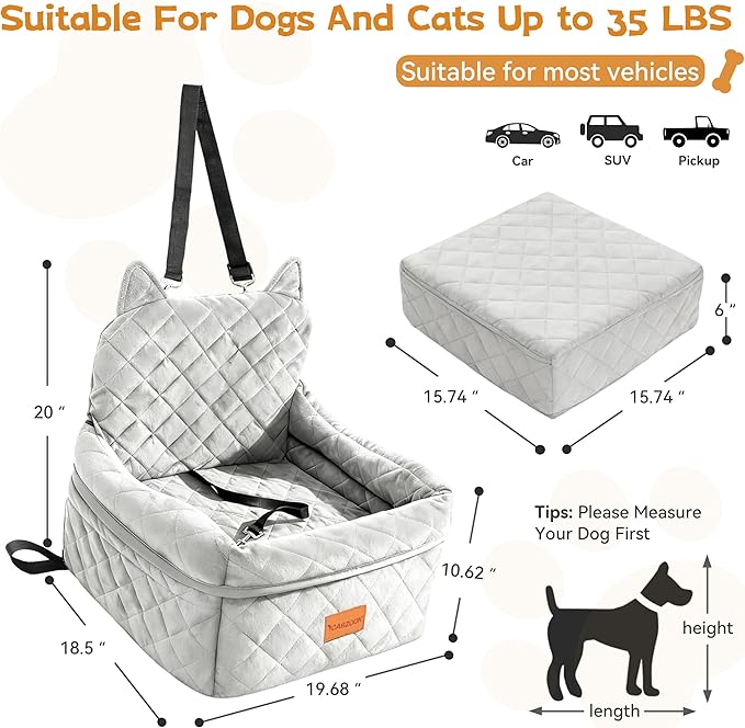CABZOON Dog Car Seat for Small/Medium Dogs Up to 35lbs,Elevated Cushion Fits in Front/Back Seat,Travel Safety Per Car Bed with Washable Removable Cover, Storage 2 Pockets Grey