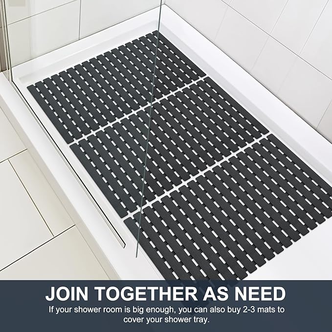 Yolife Quick Drain Shower Mat, 24.8 x 15.8 inch Power Grip Shower Mat Non Slip, Raised Non Slip Shower Mats for Inside Shower, Heavy Duty Curlable Stand up Shower Floor Mat,Black