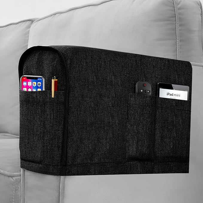 Joywell Linen Armrest Covers for Living Room Anti-Slip Sofa Arm Protector for Dogs, Cats, Pets Armchair Slipcover for Recliner with 4 Pockets for TV Remote Control, Phone, Set of 2, Black