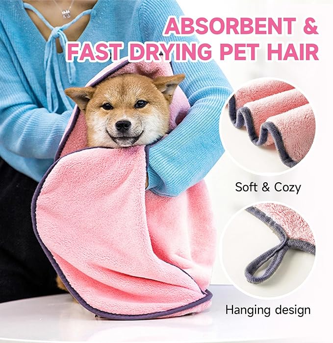 KUEIOX Dog Towels for Drying Dogs Small Medium Large, 2 Pack Dog Cat Drying Bath Towel 30.3"x13.8" with Hand Pocket,Absorbent Pet Towel for Dog Cat Pink