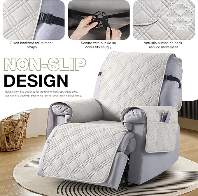 TAOCOCO 100% Waterproof Recliner Chair Covers, Non Slip Recliner Covers for Recliner Chair with Pocket, Washable Reclining Chair Cover Furniture Protector for Kids,Dogs(25'', Off White)