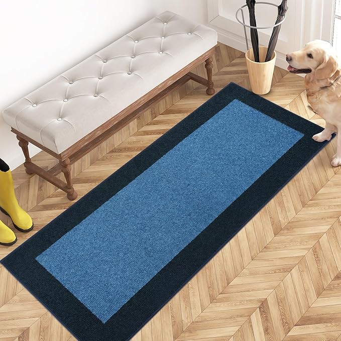 PURRUGS Dirt Trapping Door Mat 24" x 60", Non-Slip Machine Washable Entry Rug, Entrance Mat, Indoor Front Door Mat, Super Absorbent Entryway Rug for Muddy Shoes & Paws, Light Blue & Navy