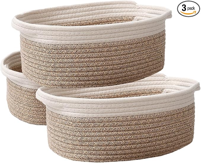 JMvicyroam Woven Basket,Small Rope Storage Bin with Handles & Ribbon Bag, Organizer for Shelves Closets,Gift Basket Empty for Birthday,Books,Dog Toys, White&Oatmeal/3 Pack