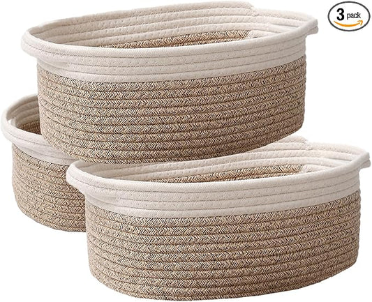 JMvicyroam Woven Basket,Small Rope Storage Bin with Handles & Ribbon Bag, Organizer for Shelves Closets,Gift Basket Empty for Birthday,Books,Dog Toys, White&Oatmeal/3 Pack