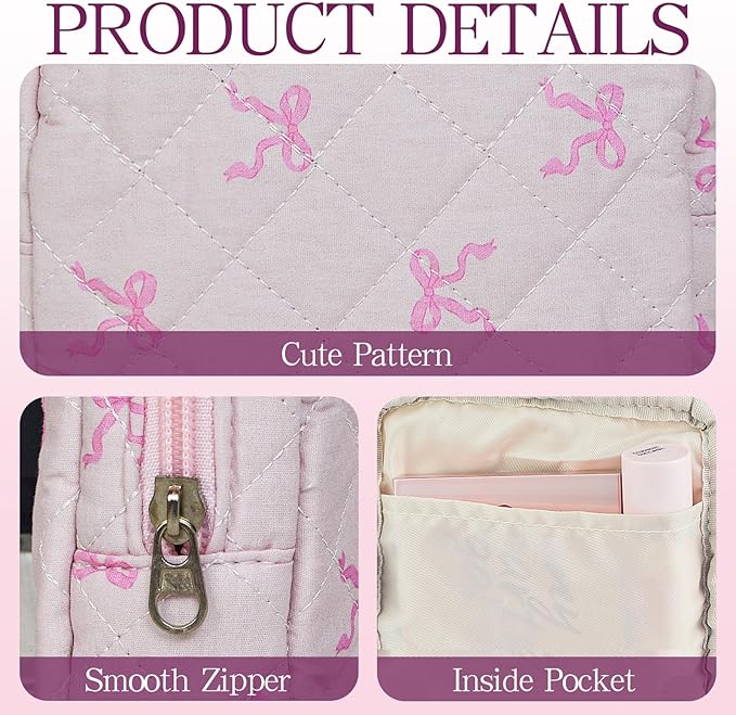 Small Floral Quilted Makeup Bag, Coquette Aesthetic Travel Toiletry Organizer for Women, Lightweight Cotton Cosmetic Pouch