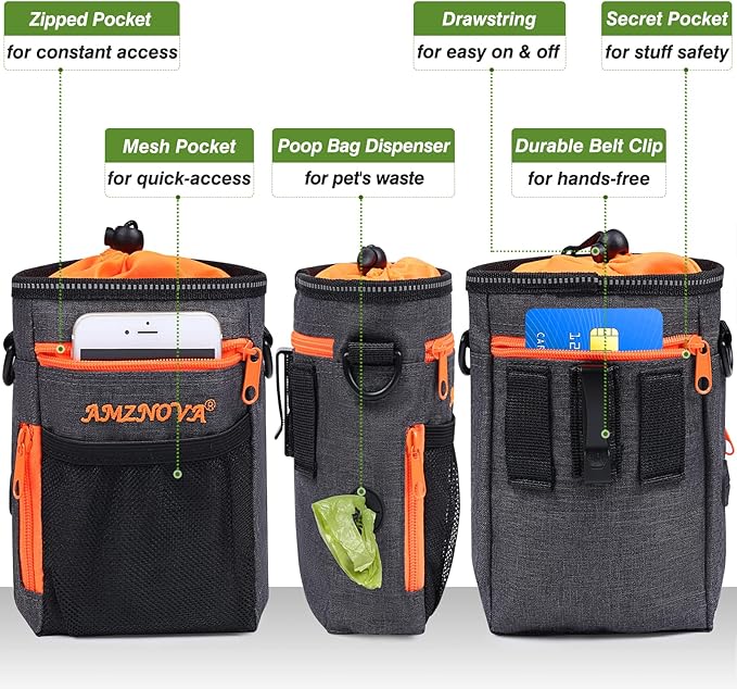 AMZNOVA Dog Treat Bag Treatkit Dog Treat Pouch, Waist Clip On Crossbody Fanny Pack for Pet, Training Pouch with Shoulder Strap & Waist Belt for Walking & Training, 6Cups, Heather Black