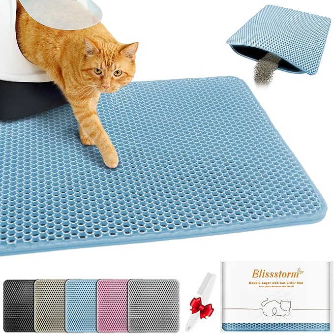 blissstorm Waterproof Cat Litter Mat, Double Layer EVA, Odor-Free Large Grid, Urine Proof, Easy Cleanup (Blue, 18 x 24)