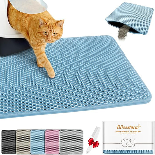 blissstorm Waterproof Cat Litter Mat, Double Layer EVA, Odor-Free Large Grid, Urine Proof, Easy Cleanup 22 x 30, Blue