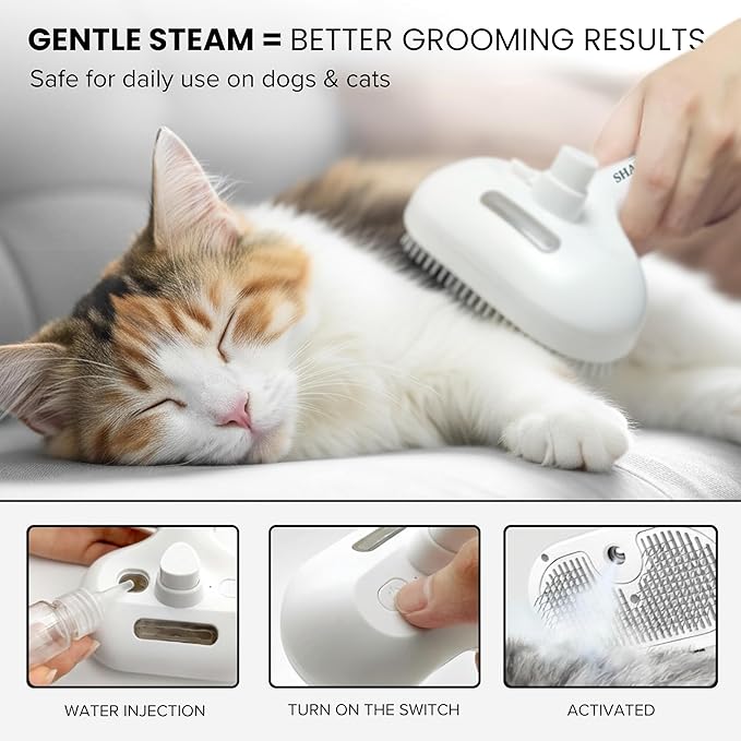 SHAZORY Pet Steam Brush for Dog & Cat - 3-in-1 Steam Grooming Brush for Shedding & Hair Removal - Self Cleaning Spray Comb with Mist for Long Haired Pets - Includes Water Refill Bottle (White)